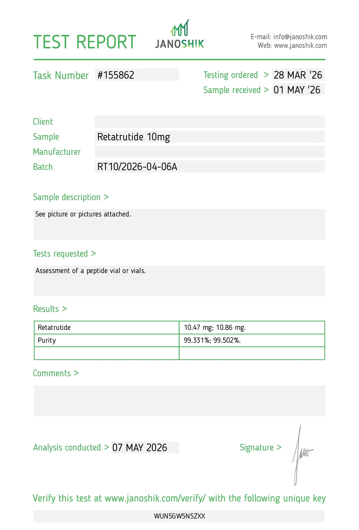 Retatrutide 10mg Janoshik test report – supplier batch