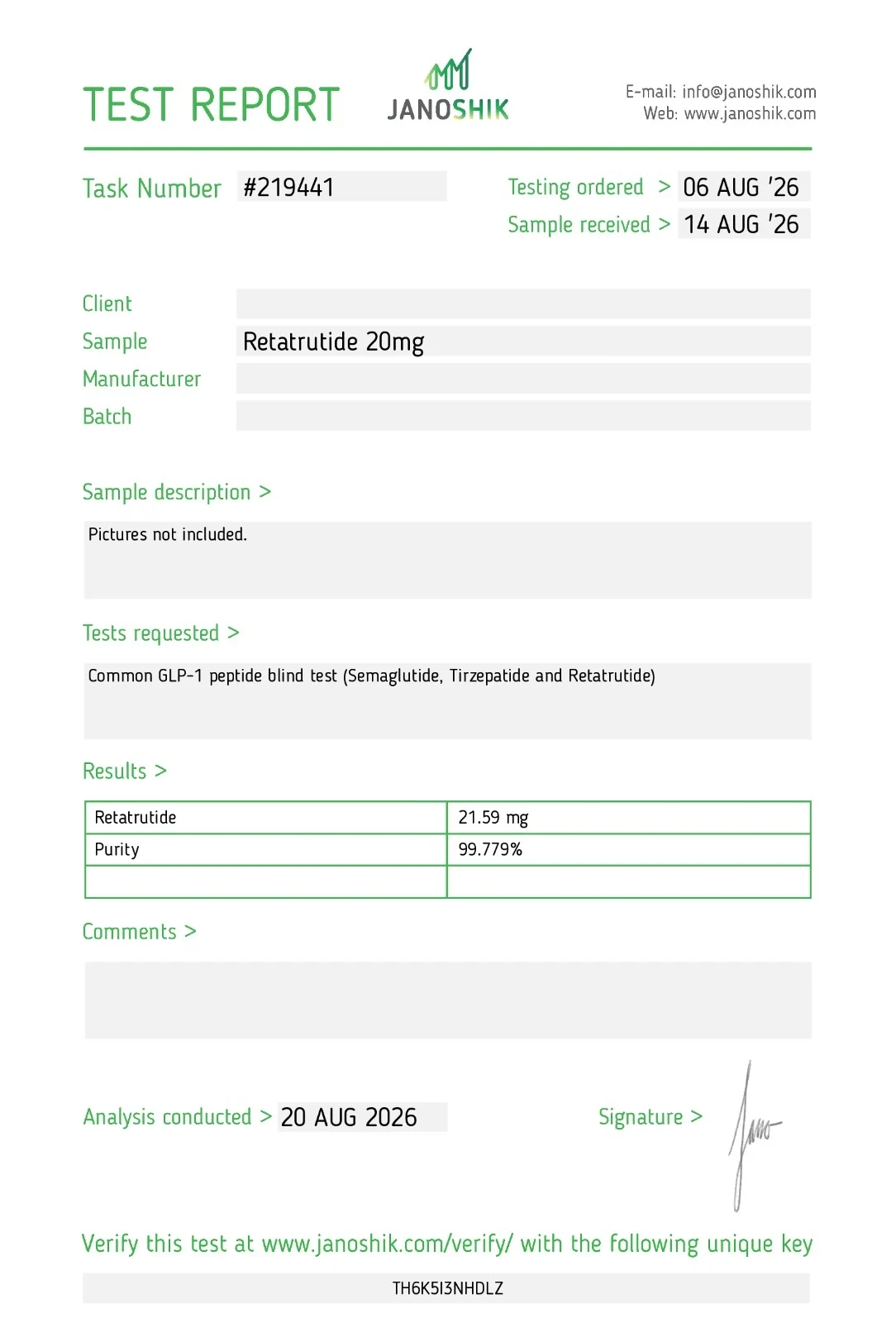 Retatrutide 20mg Janoshik test report – supplier batch