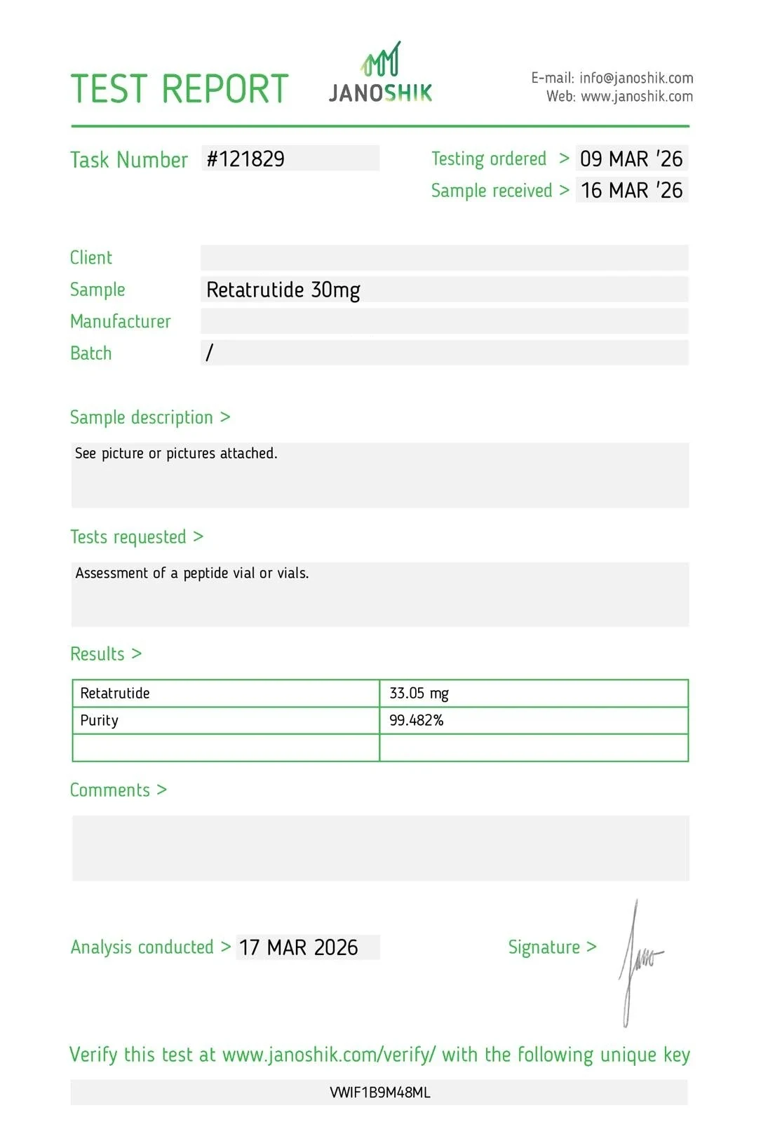 Retatrutide 30mg Janoshik test report – supplier batch