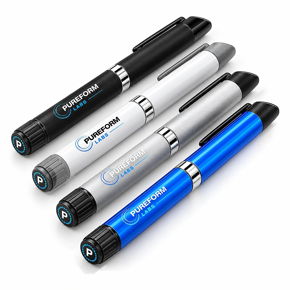 V3 reusable pens in white, silver, blue and black with Pureform Labs logo